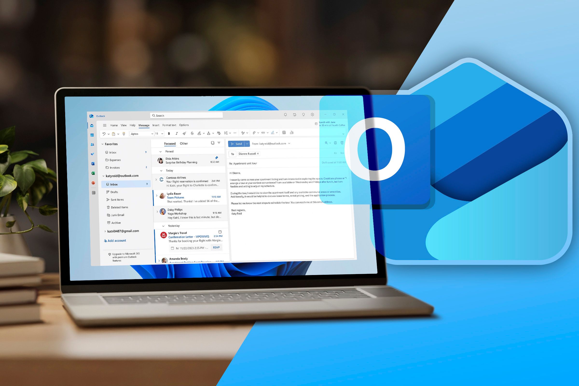 A laptop with Outlook open and the 'New Outlook' logo on the right.