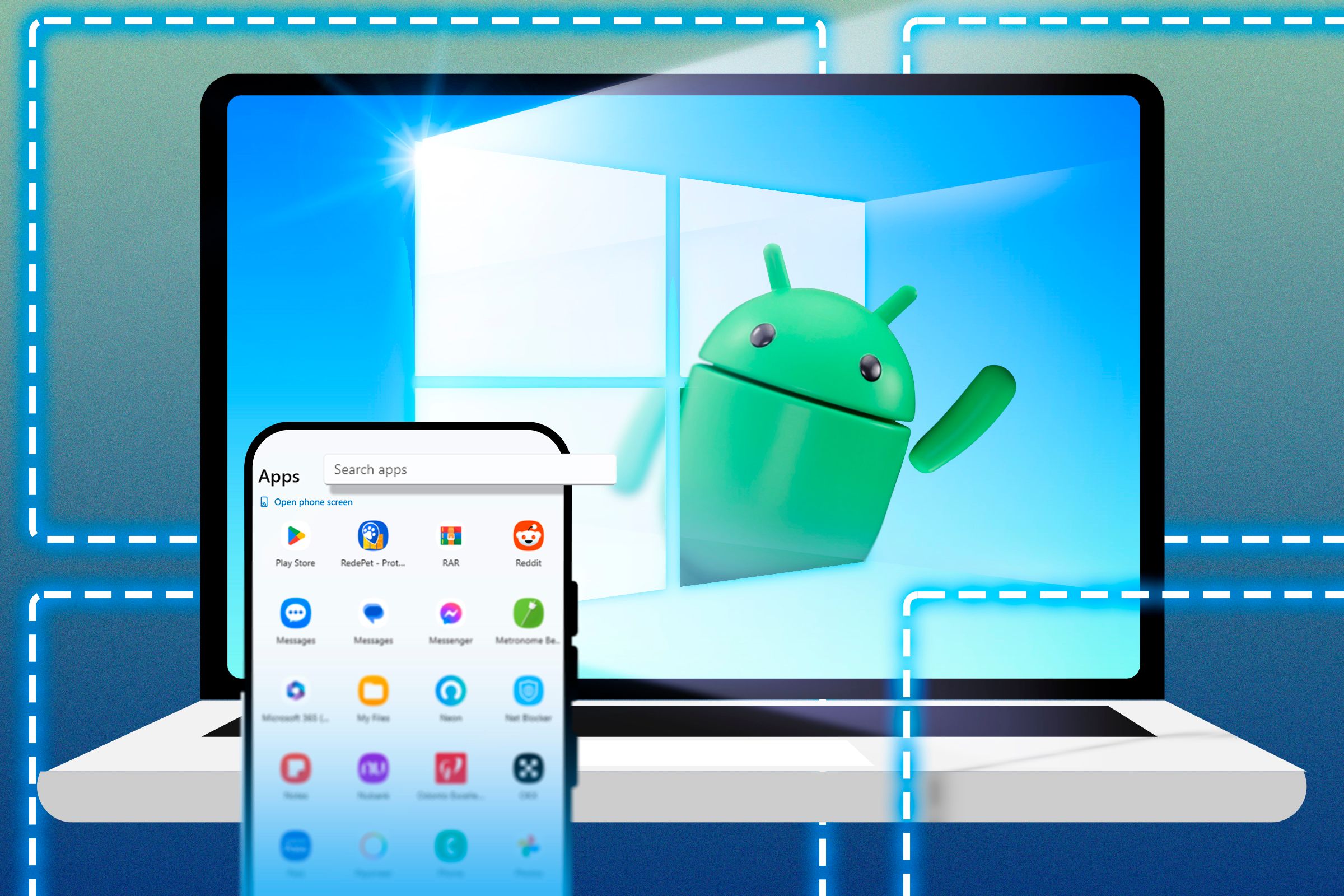 A laptop with the Windows logo and the Android mascot coming out of it, with a smartphone showing some apps in the foreground.