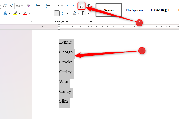 A list of names in a Word document is selected, and the Sort icon in the Home tab on the ribbon is highlighted.