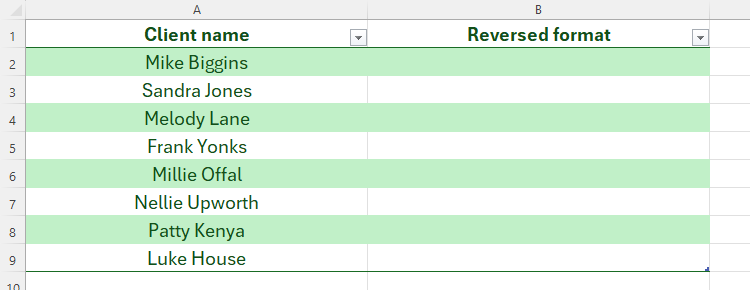 A list of names in column A in Excel, with the empty column B headed 'Reversed format'.