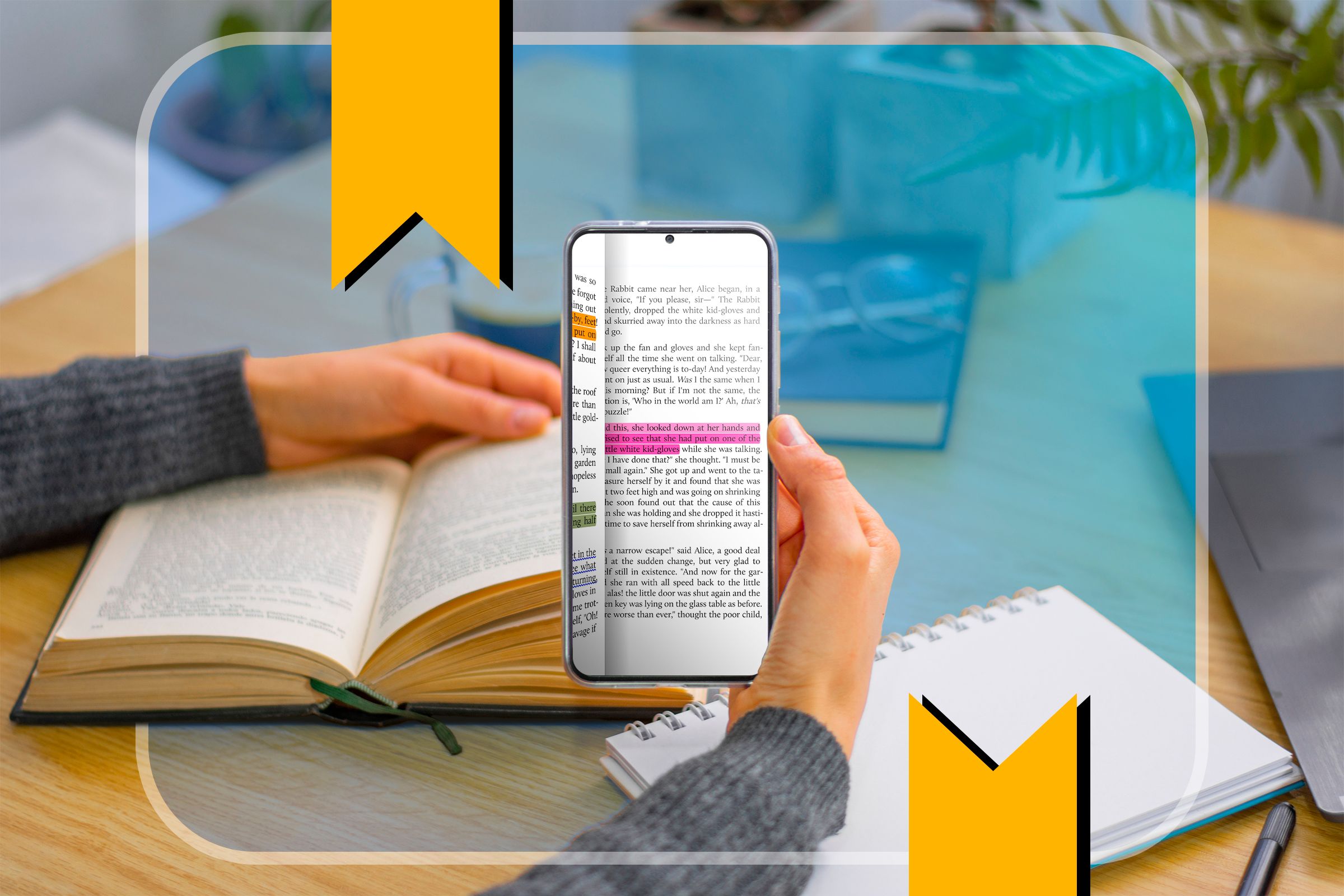 A person at a desk holding a phone with an ebook, and a physical book and notebook on the table.-2