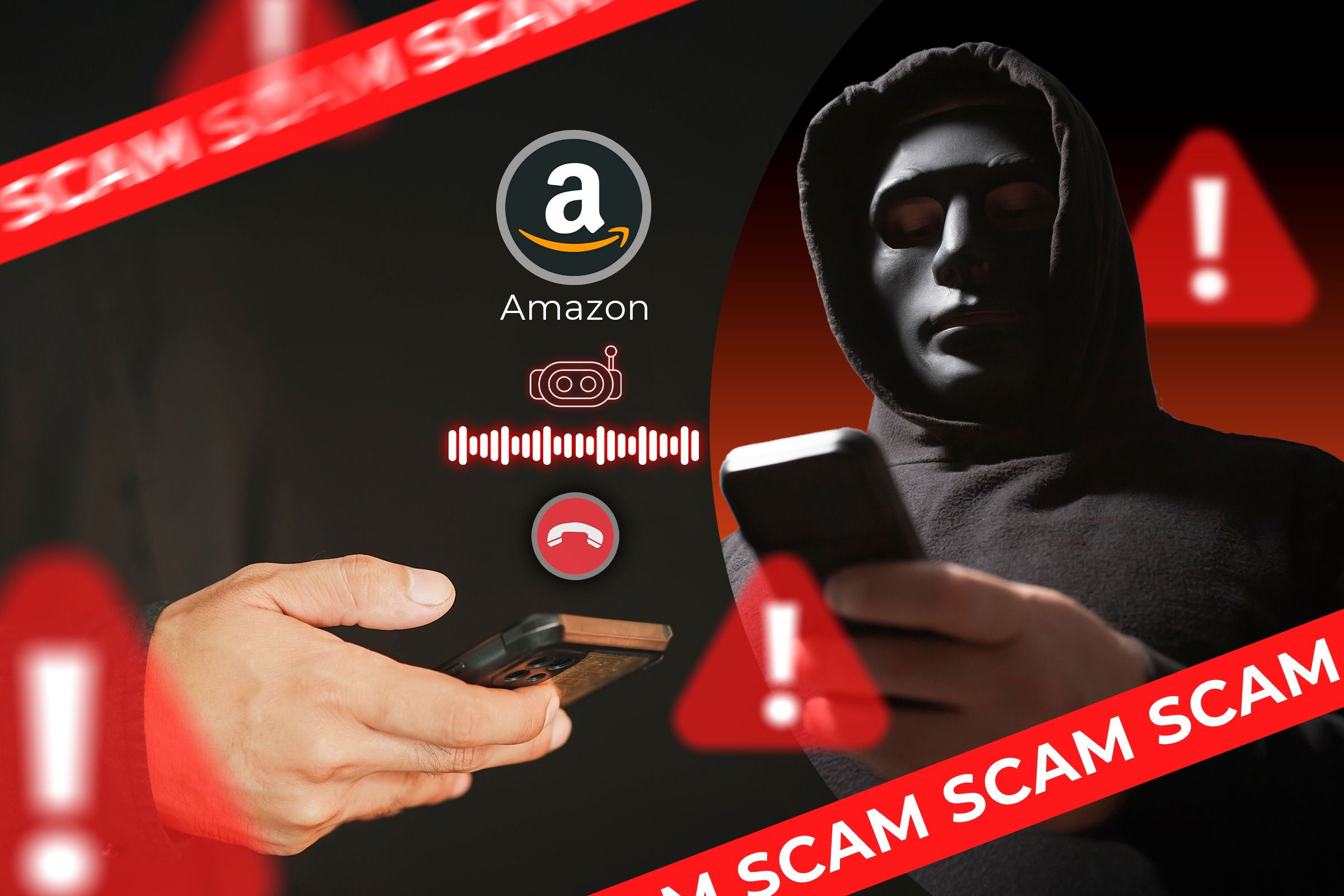 A person holding a phone with a fake call from Amazon and a scammer beside them.