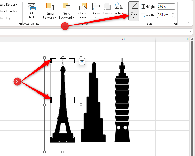 A picture being cropped in Excel, so that the very edges of the silhouette form the edges of the image.