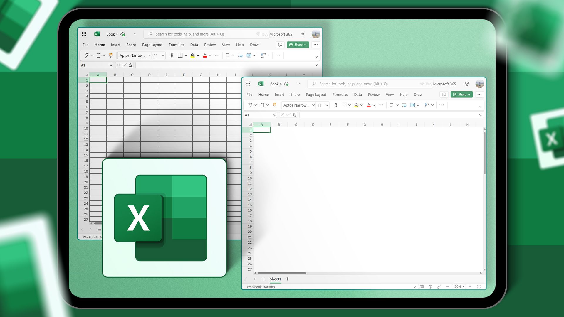 A screen showing a spreadsheet with a grid, another without a grid, and the Excel logo.