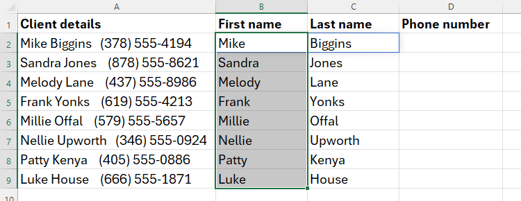 A series of first and last names have been extracted in Excel from column A to columns B and C using REGEXEXTRACT.