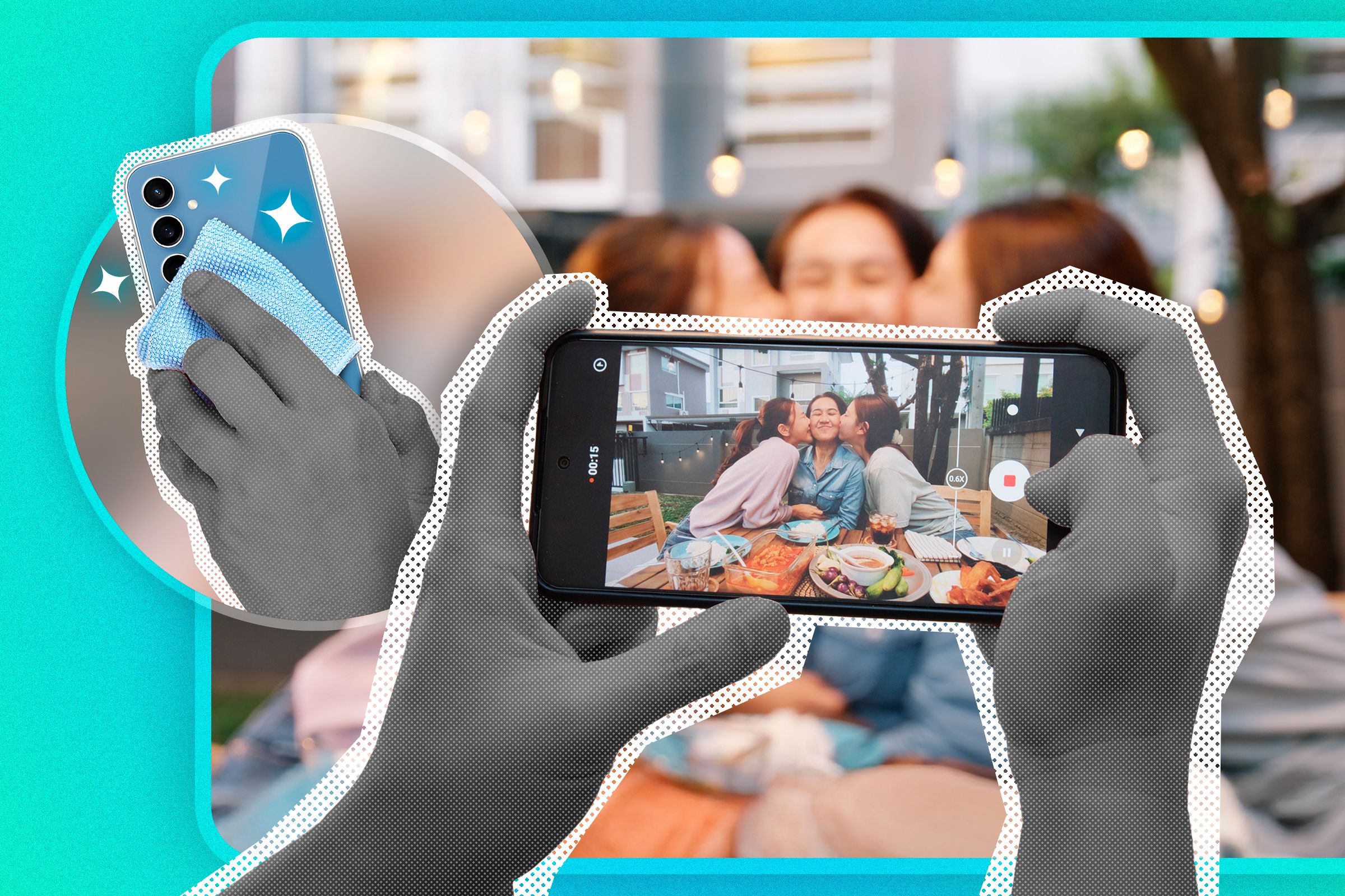 A smartphone taking a family photo and another smartphone beside it with a hand cleaning the camera.