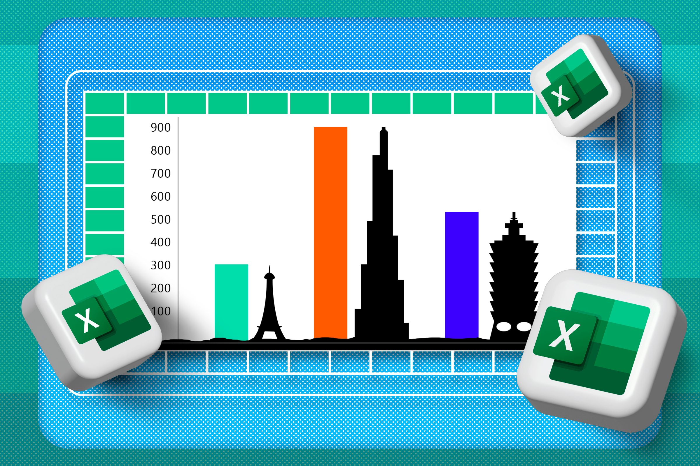 A spreadsheet with a column chart and pictures next to the columns, surrounded by the Excel logo.