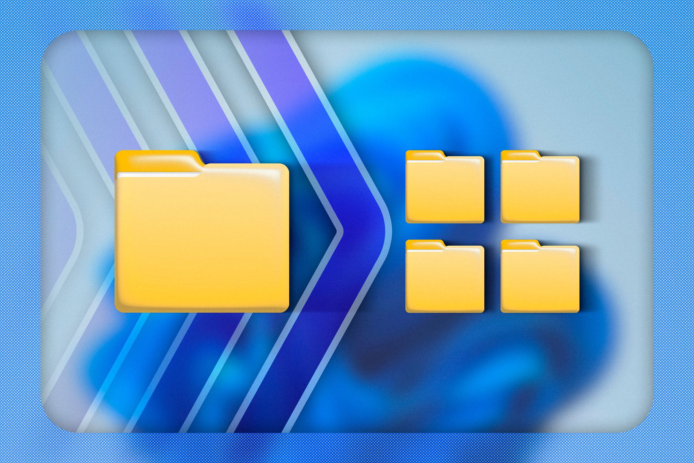 A Windows folder with some smaller folders next to it and the Windows 11 wallpaper in the background.