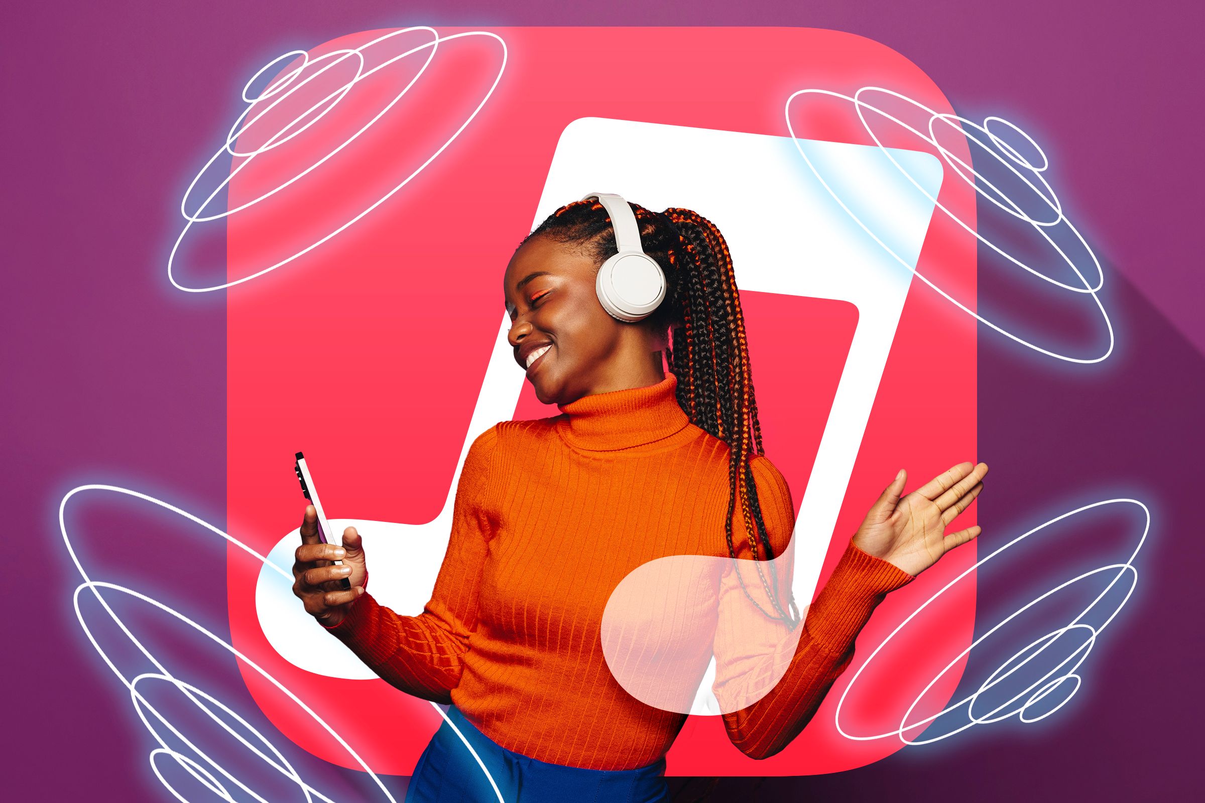 A woman listening to music, the Apple Music logo in the background, and spatial audio icons around.