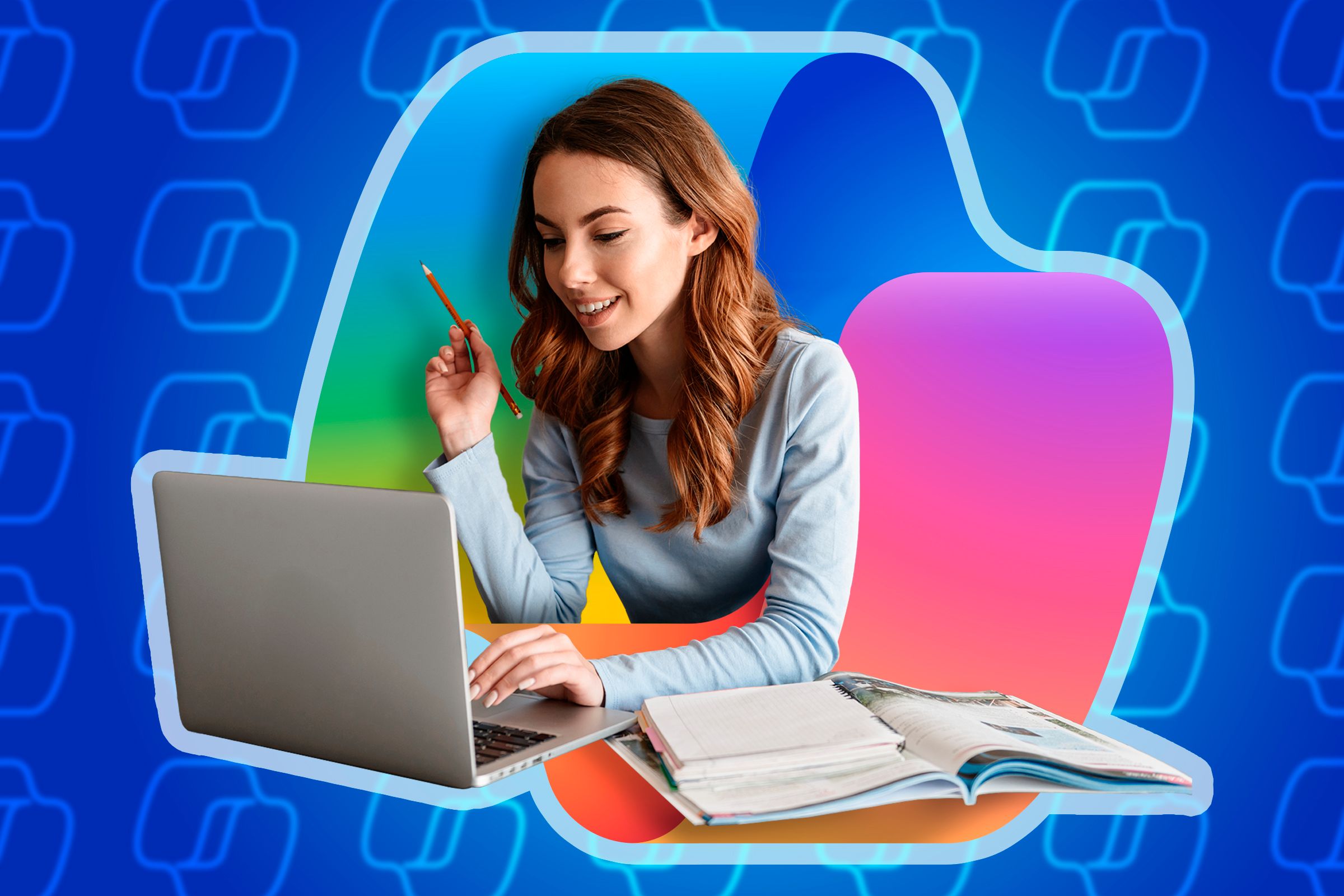 A woman studying on a laptop and the Copilot logo behind.