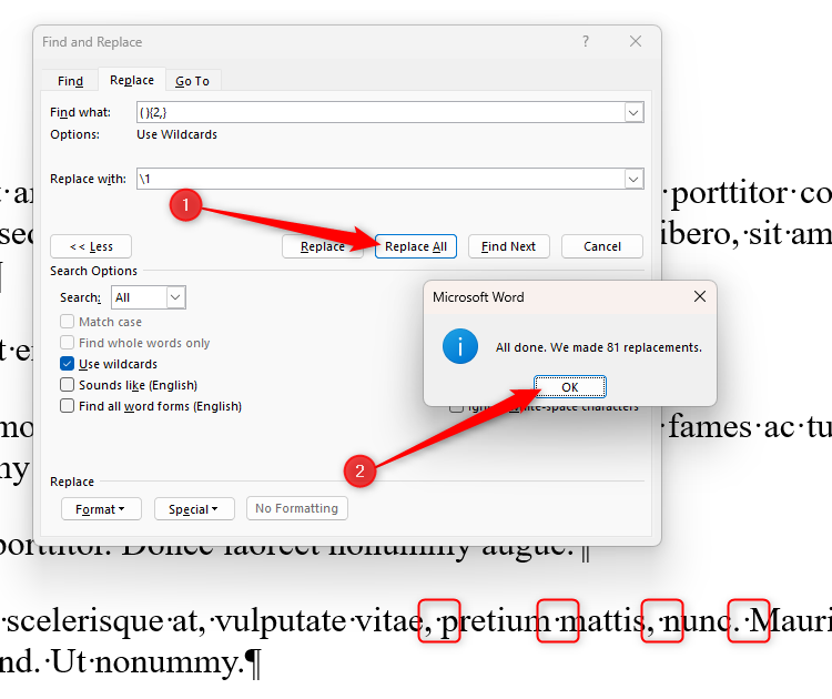 A Word document confirming that all changes have been made through the Find And Replace dialog box. The single spaces are highlighted with red boxes.