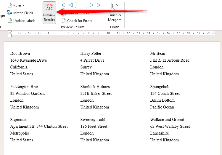 A Word document containing address labels, previewed by clicking the Preview Results button.