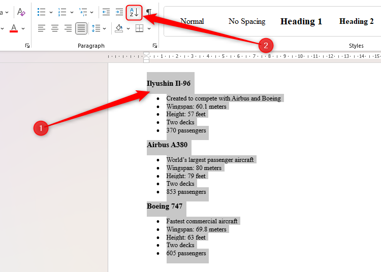 A Word document containing details of three passenger planes under heading styles. The text is selected, and the Sort icon is highlighted.