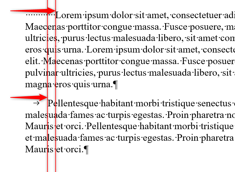 A Word document whose first two paragraphs are inconsistently indented, as different keys have been pressed to create the indentation.