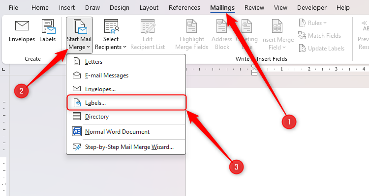 A Word document with the Mailings tab opened, the Start Mail Merge drop-down expanded, and Labels selected.