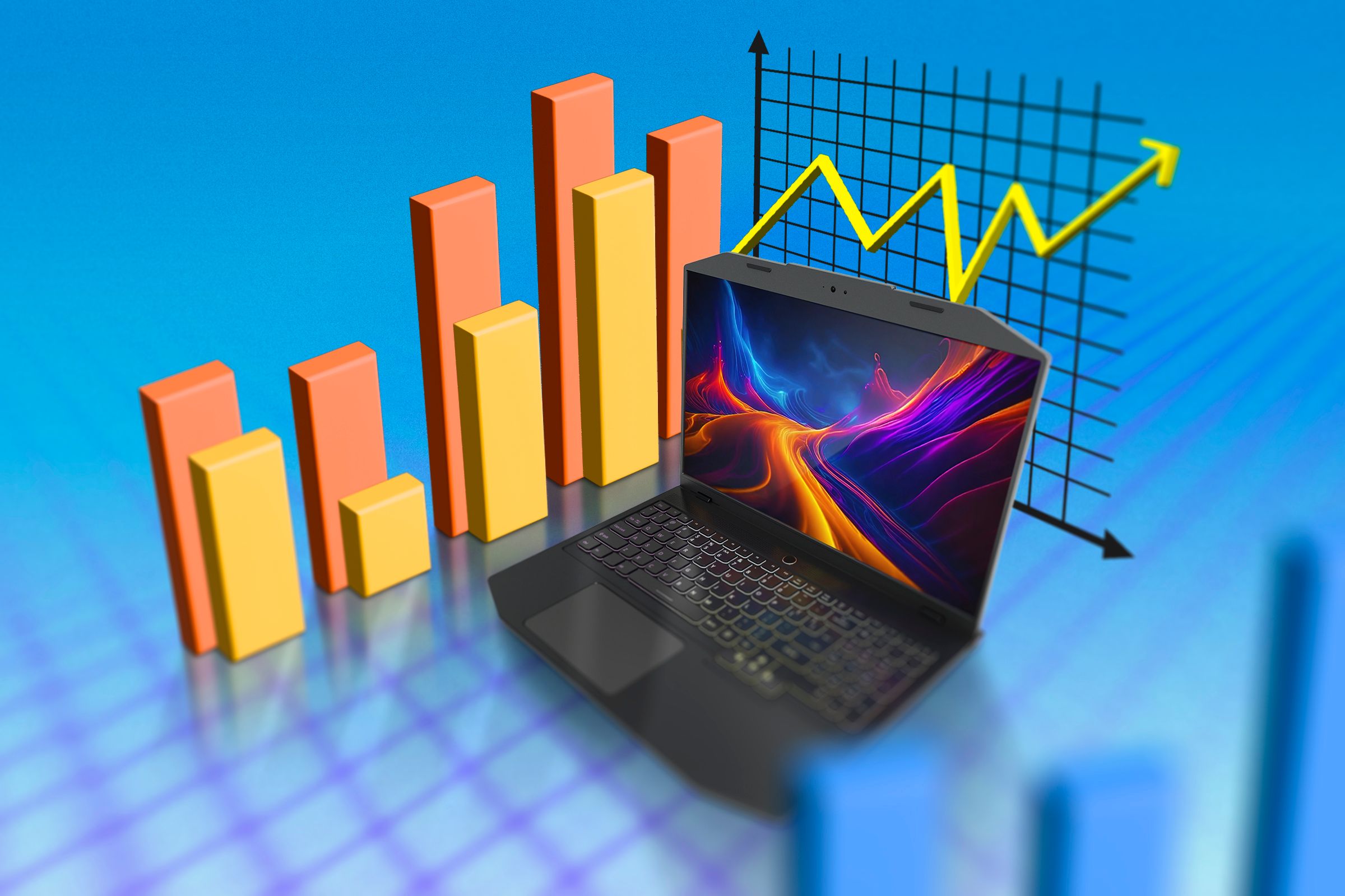 A laptop with some benchmark graphs beside it.