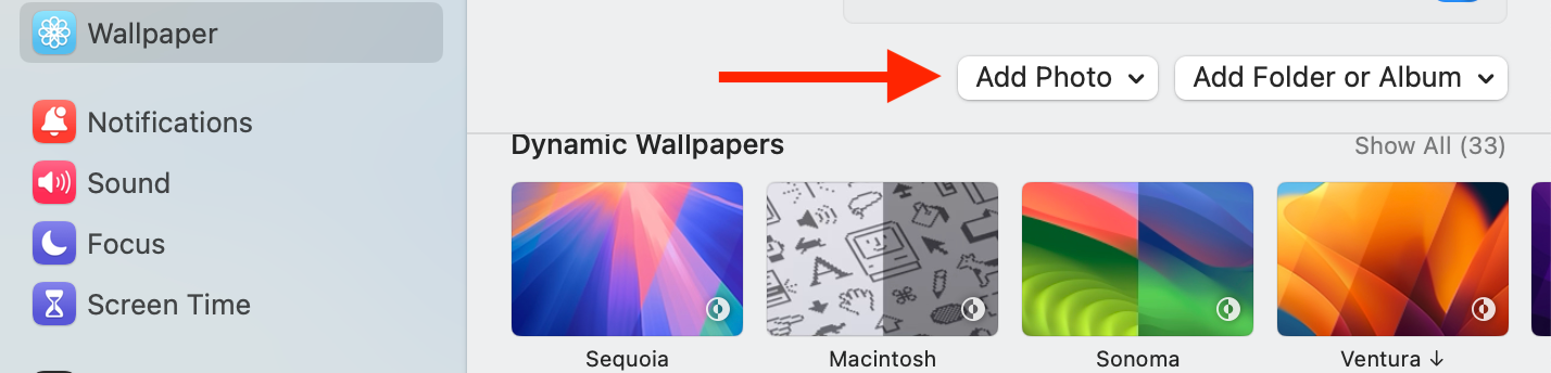 Add Photo button in Settings app on a Mac.