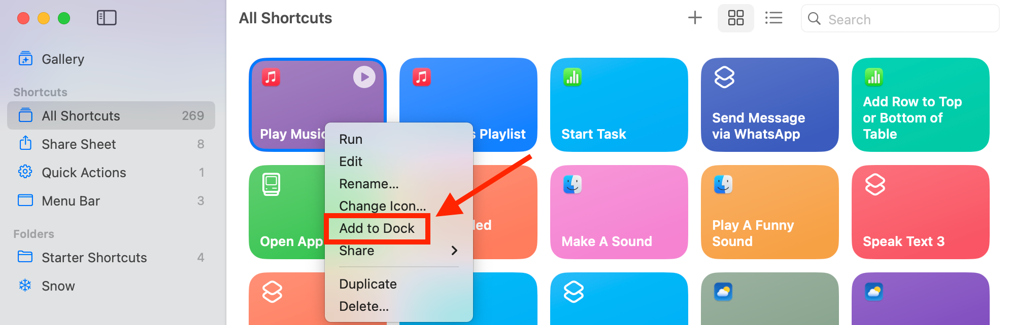 Add to Dock in Shortcuts app on a Mac.