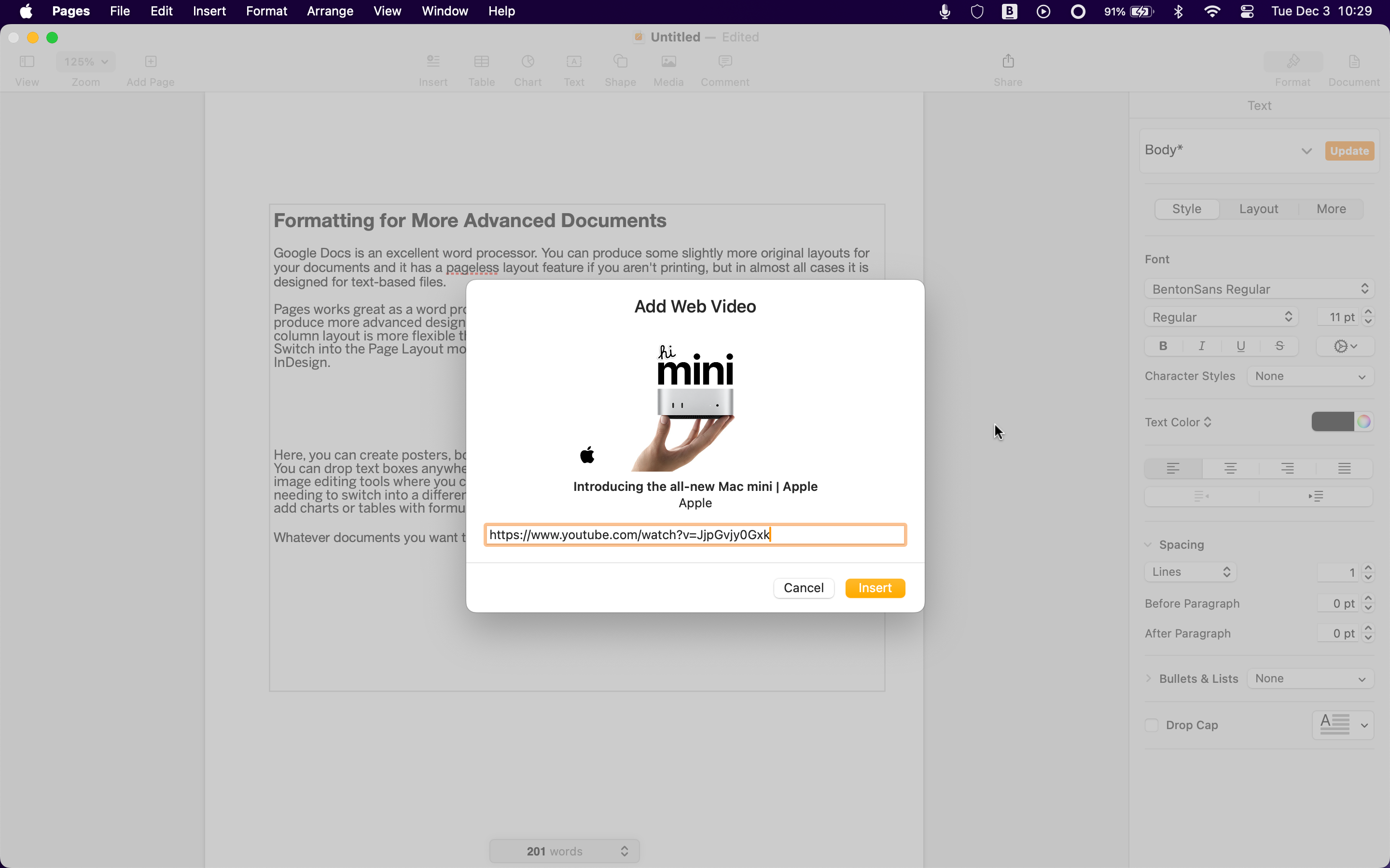 Adding a YouTube video to an Apple Pages doc.