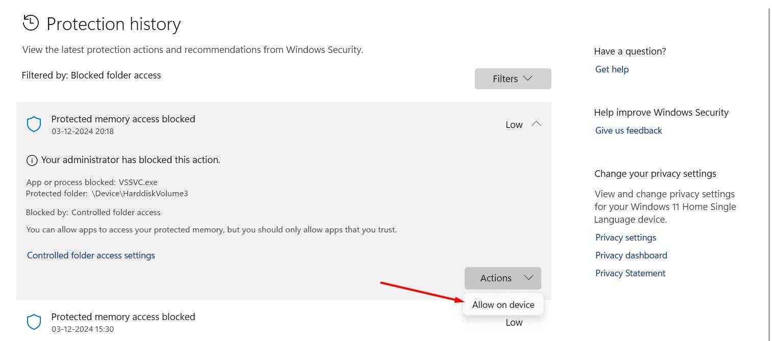 Allow on device option in the Windows Security app.