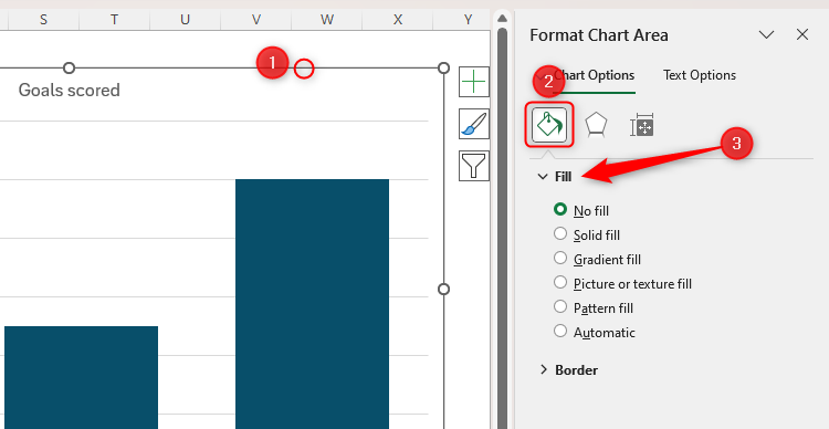 An Excel chart with the Format Chart Pane opened, the paint icon selected, and the Fill menu expanded.-1