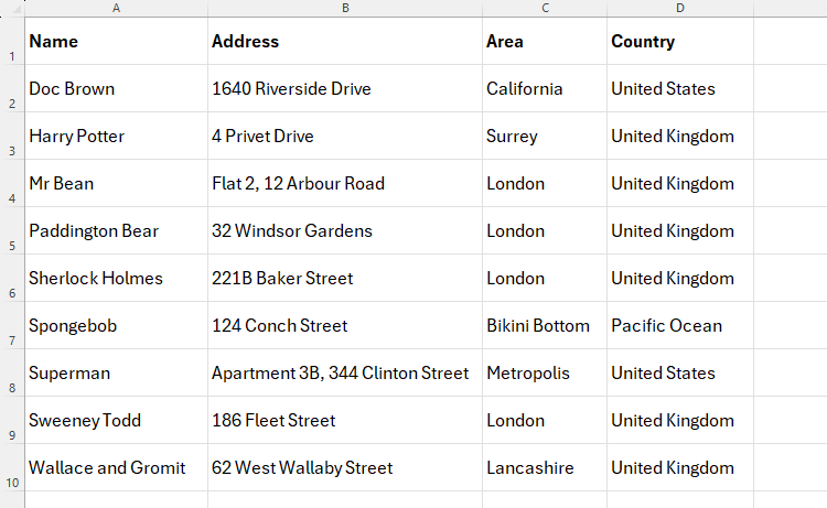 An Excel sheet containing a list of names and addresses.