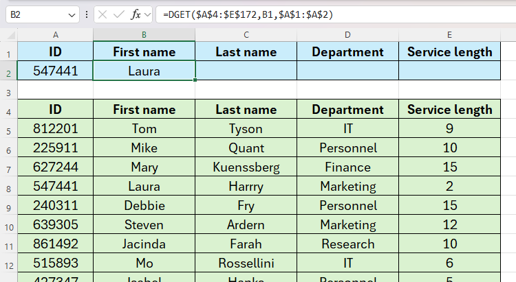 An Excel sheet containing the name Laura in cell B2, retrieved from a database using DGET.