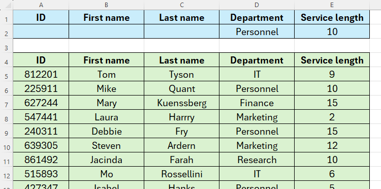 An Excel sheet containing two tables. A lookup table is at the top of the sheet with two criteria filled in, and a database table is underneath.