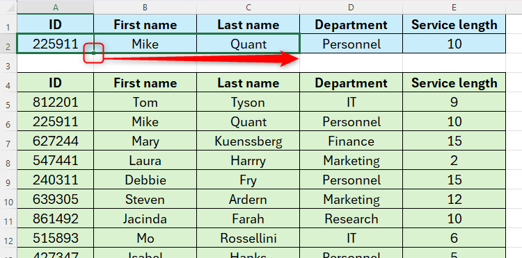 An Excel sheet where the AutoFill handle has been used to extend a DGET formula to other categories.