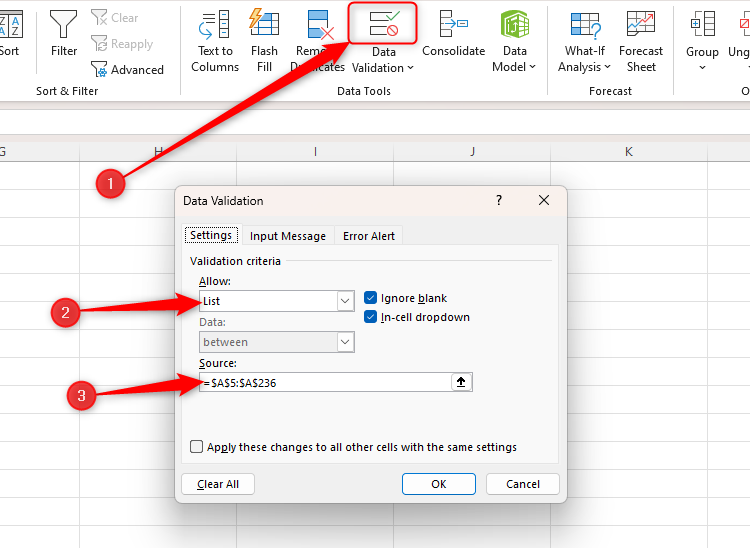 An Excel sheet with the Data Validation icon selected. 'List' is selected in the Allow field, and cells A5 to A236 are selected in the Source field.