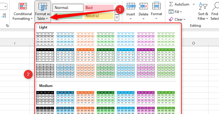 An Excel sheet with the Format As Table drop-down menu expanded.