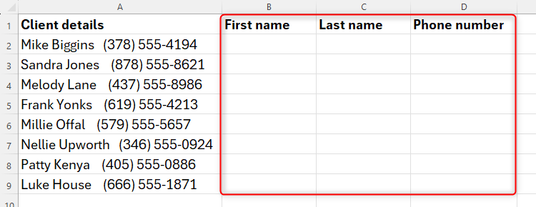 An Excel spreadsheet containing a list of names and phone numbers in column A, and subsequent columns created where the information will be extracted through REGEXEXTRACT.