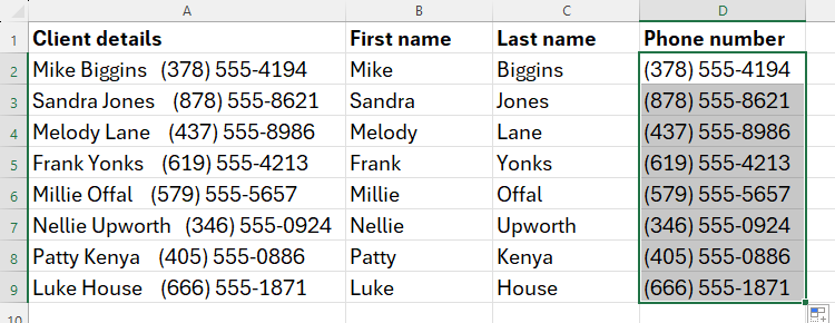 An Excel spreadsheet containing numbers extracted from cells containing letters and numbers using REGEXEXTRACT.