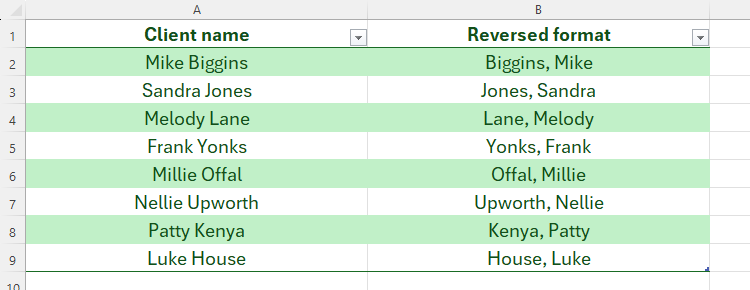 An Excel spreadsheet containing two formats of each client's name, with the second format generated through the REGEXREPLACE function.