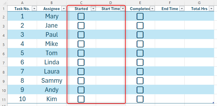 An Excel table with columns C (Started) and D (Start Time) highlighted.