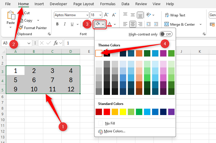 An Excel worksheet with some cells filled with a white fill color. The cell fill color option in the Home tab is also displayed.