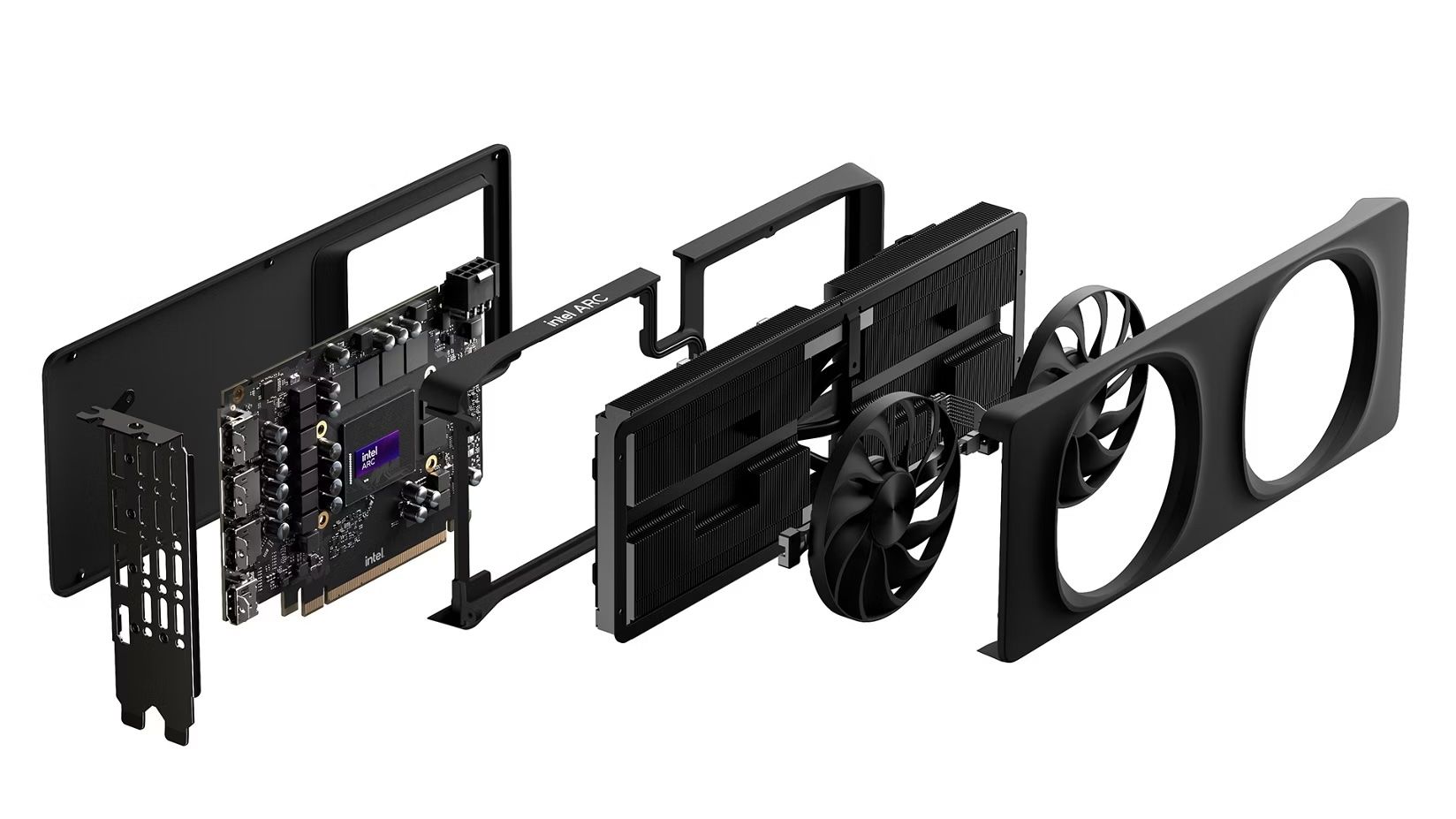 An exploded view of the Intel B580 GPU.