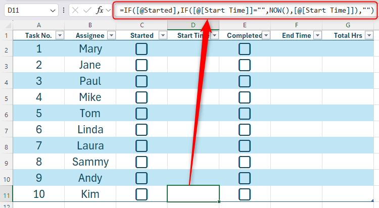 An IF formula that has been applied to all cells in a column, as indicated by the formula being present in row 11.