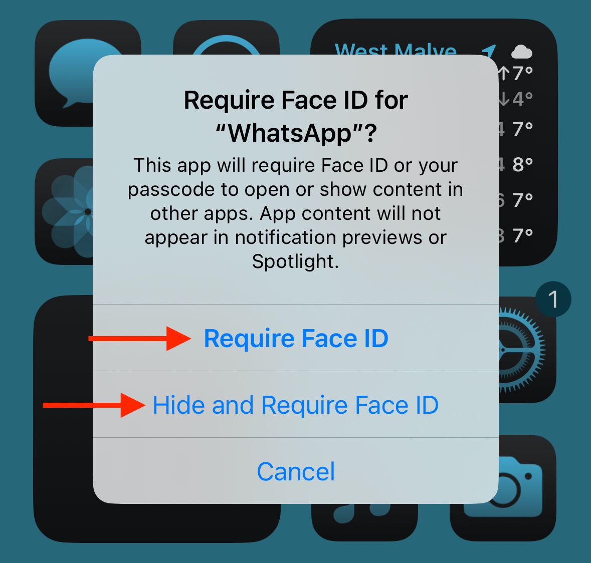 An iPhone notification titled Require Face ID for WhatsApp with options of Require Face ID and Hide and Require Face ID.