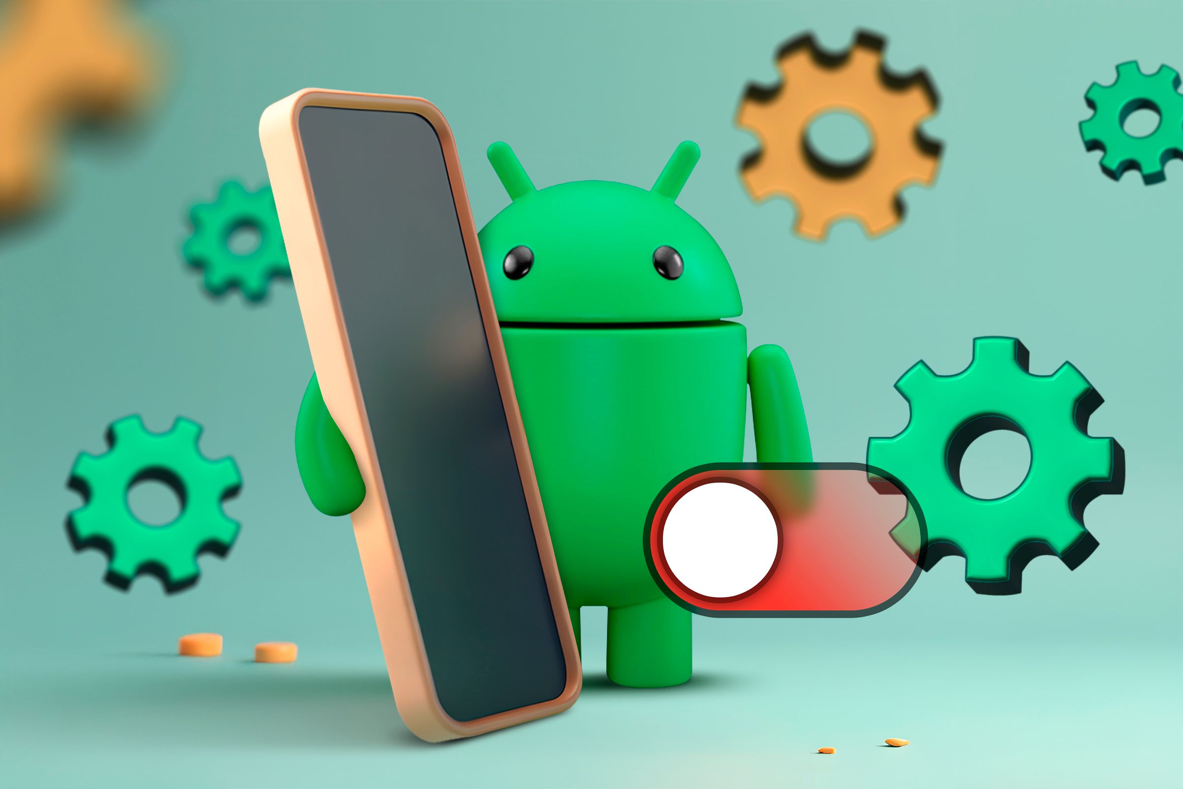 Android mascot with a phone next to it, several settings icons around, and a toggle switch turned off.