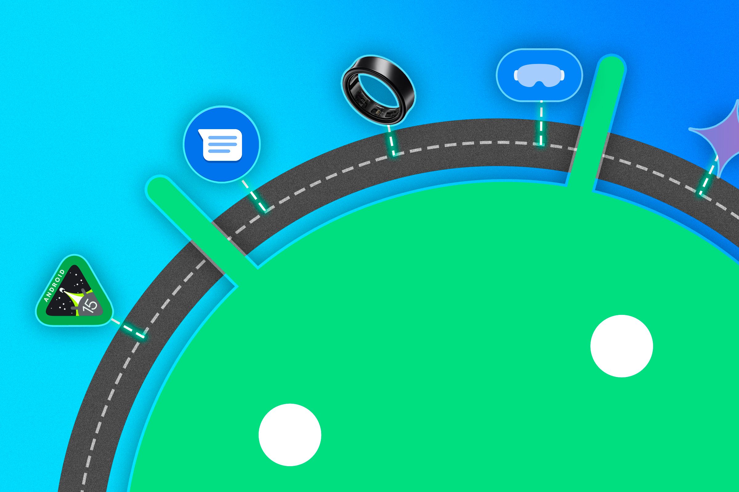 Android logo with a road above it and some milestones.