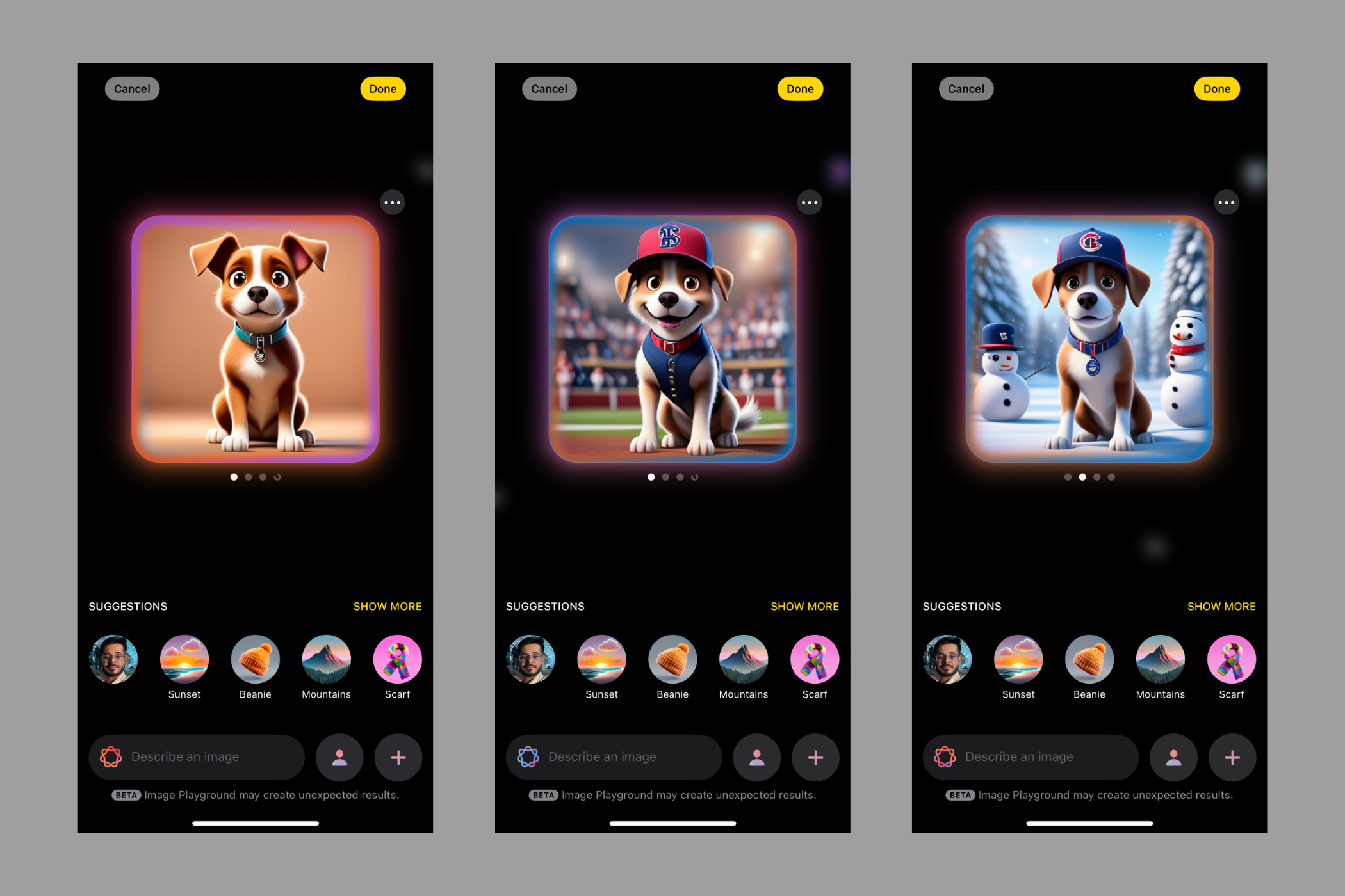 Three screenshots of the Image Playground app on iOS 18.2, showcasing the picture of a dog.