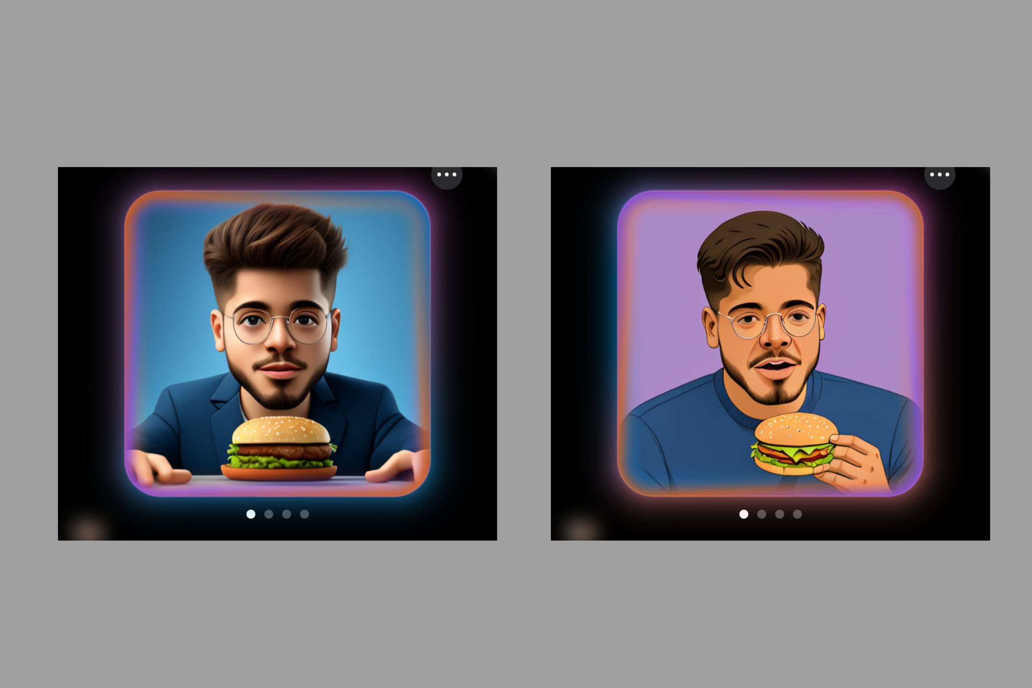 Screenshots of the pictures created by the Image Playground app, with the animated picture on the left and the illustrated picture on the right.