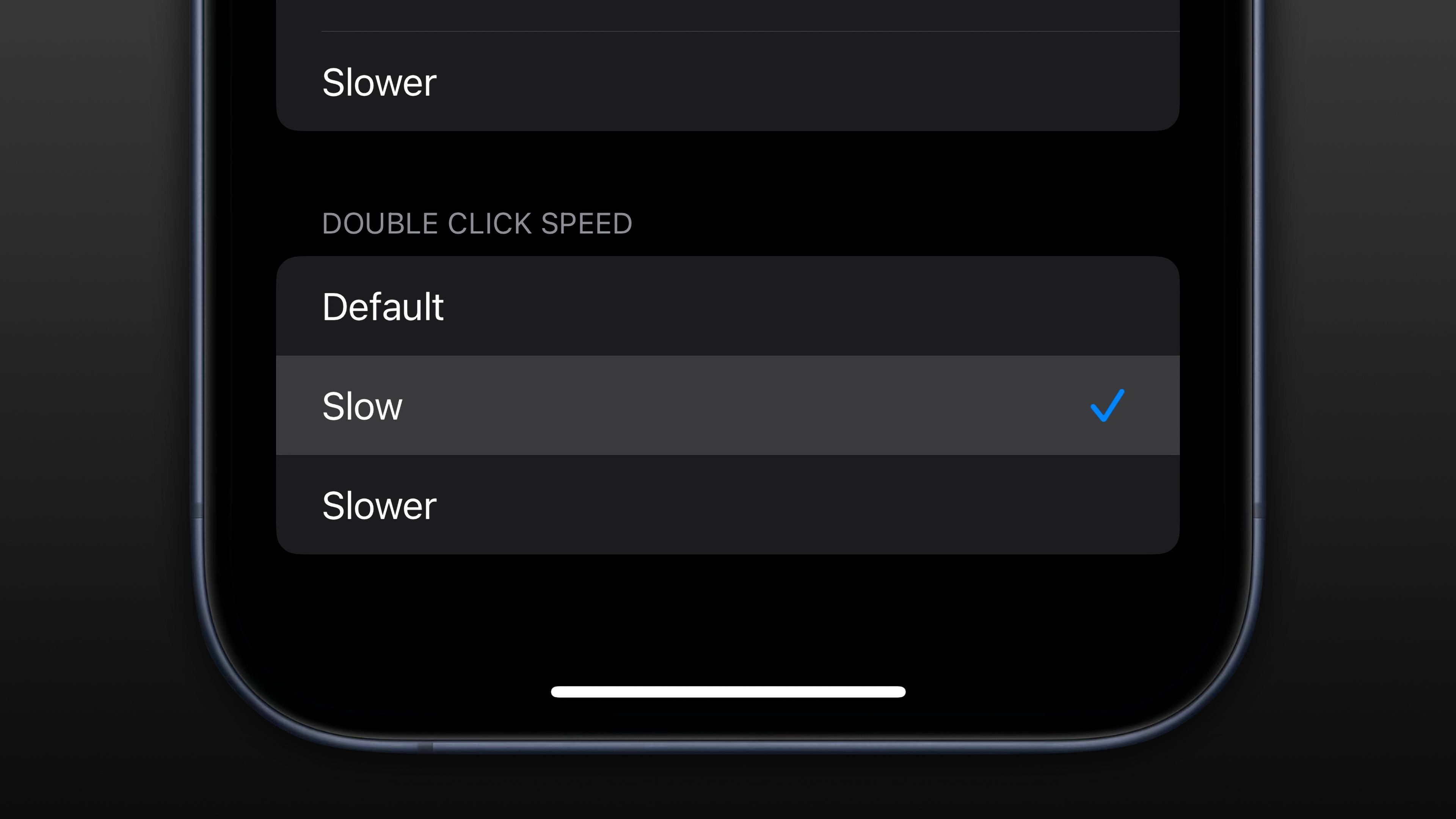 Camera Control accessibility settings on iPhone showing the double click speed set to slow.