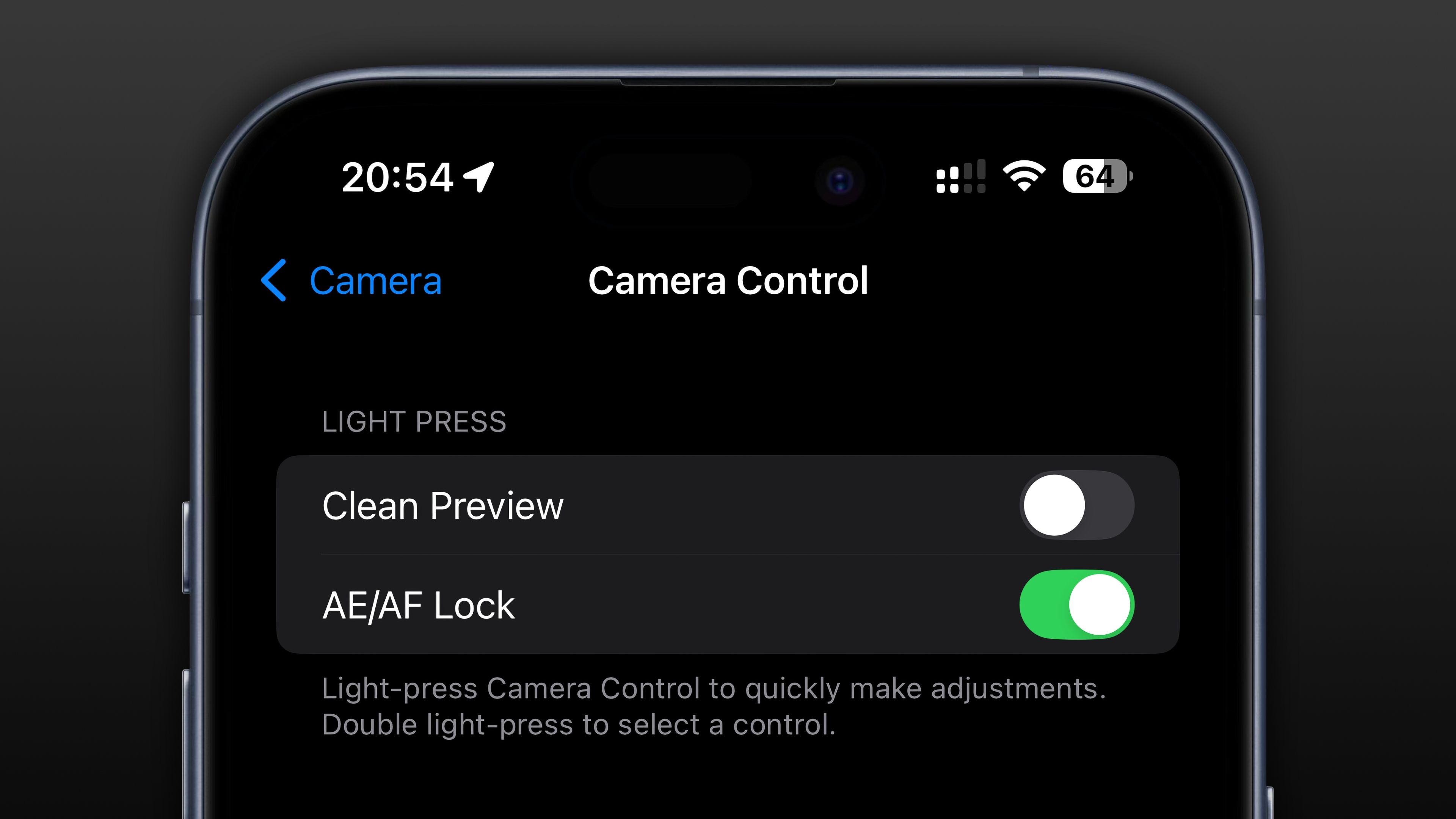 Camera Control settings on iPhone, with the AE/AF Lock switch turned on.