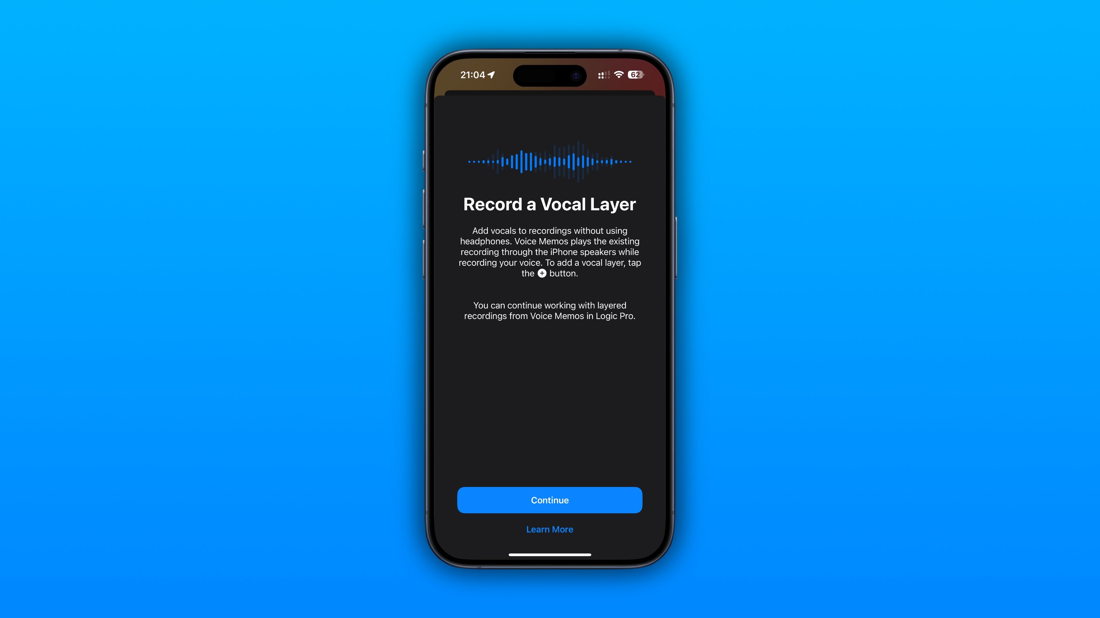 Splash screen in Voice Memos on iPhone advertising the ability to record a vocal layer.