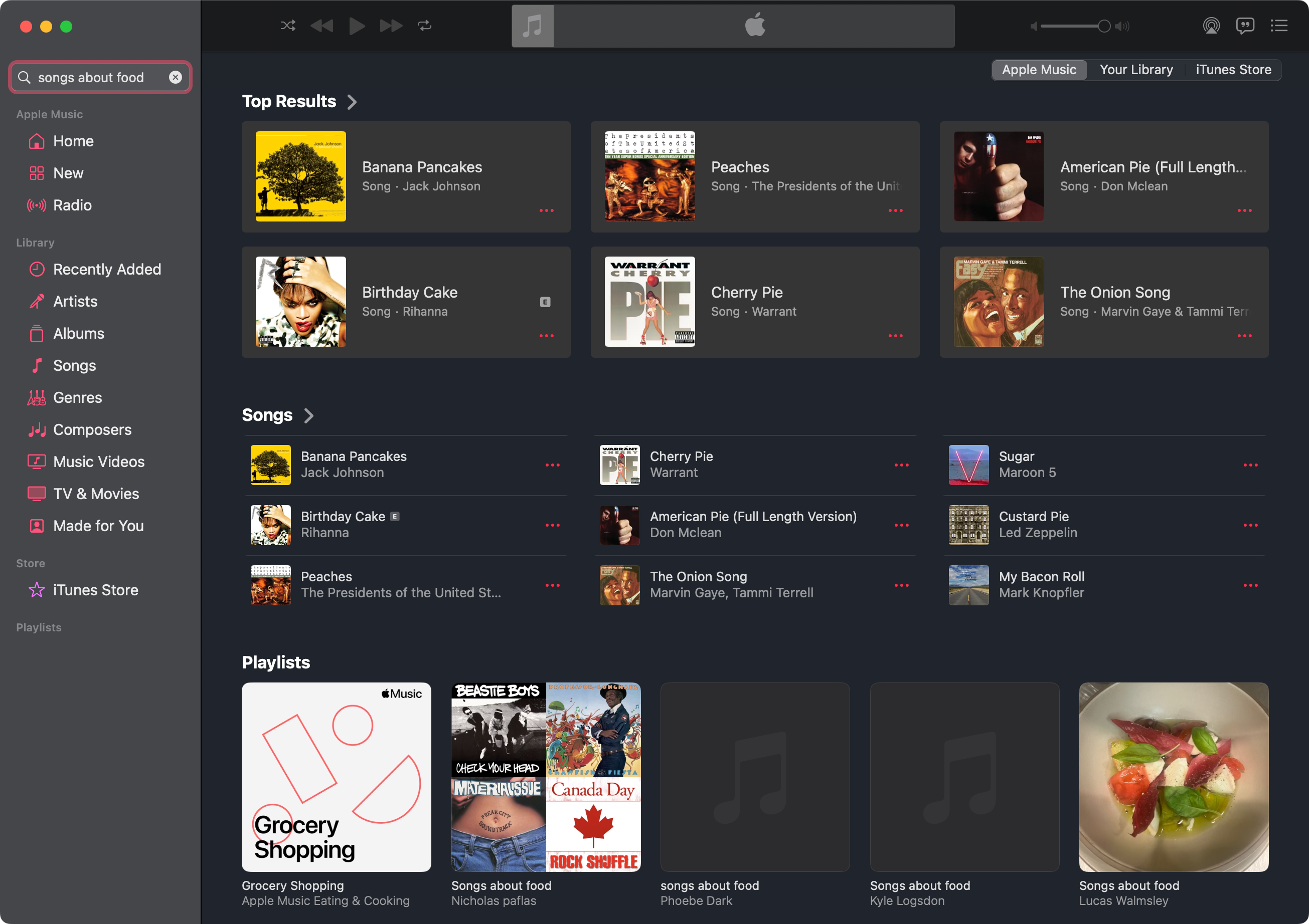 Natural language search in Apple Music on a Mac.