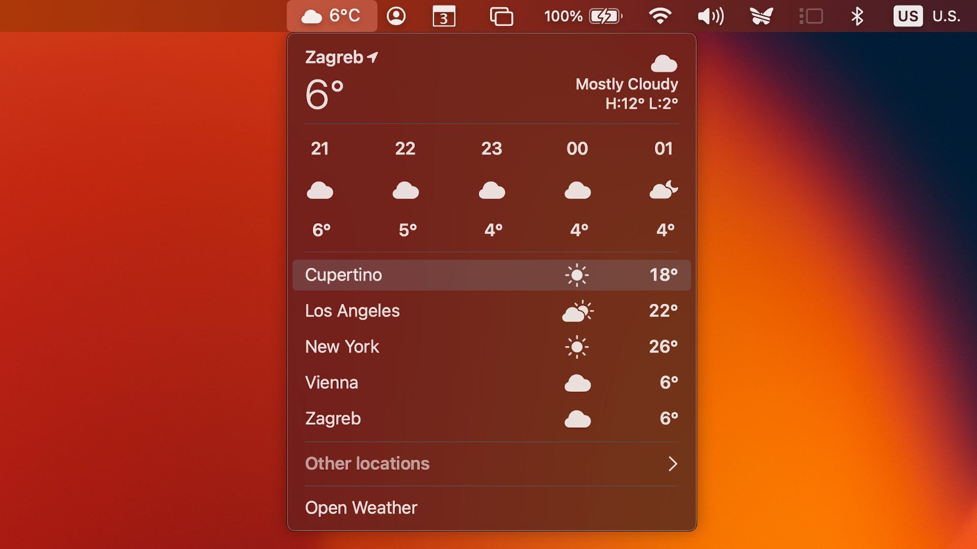 The Weather app menu in the macOS menu bar displaying weather forecast for multiple locations.