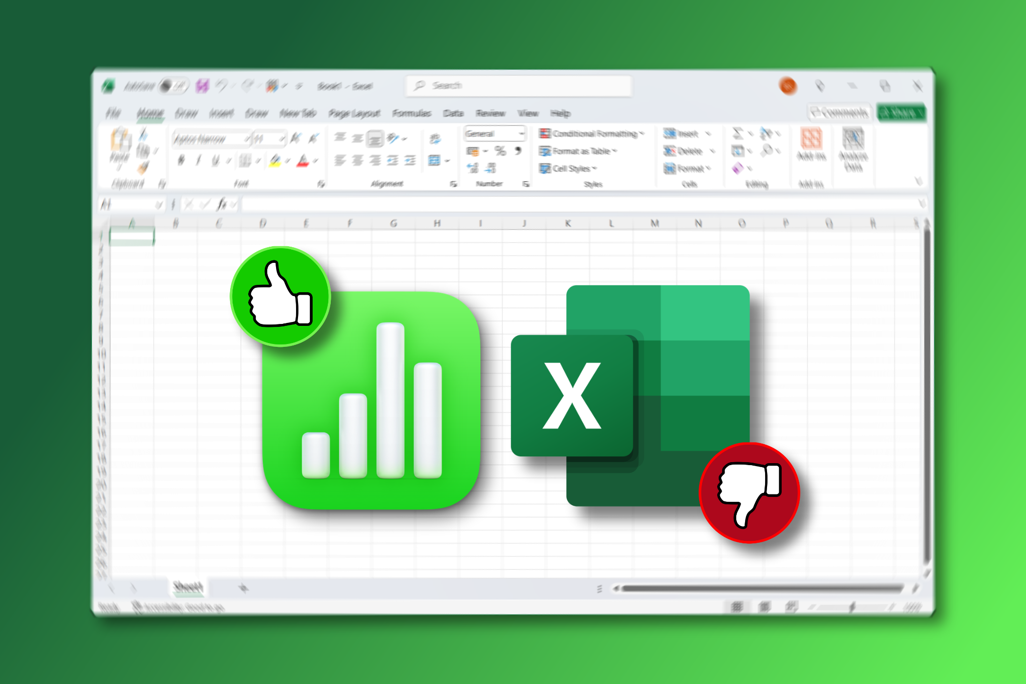 Apple Numbers and Microsoft Excel logos with thumbs up and thumbs down, against a background showing a blurred Excel screenshot