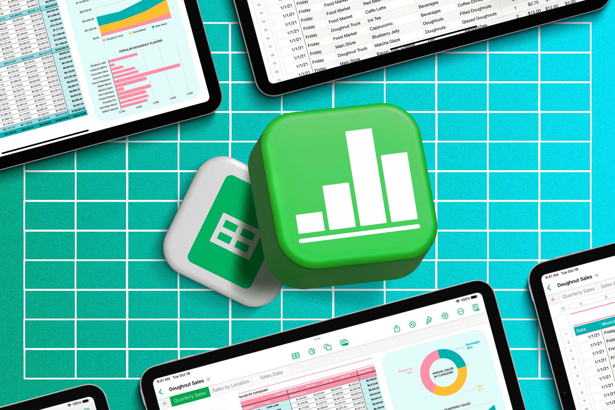 Apple Numbers logo above the Google Sheets logo with some spreadsheets around.